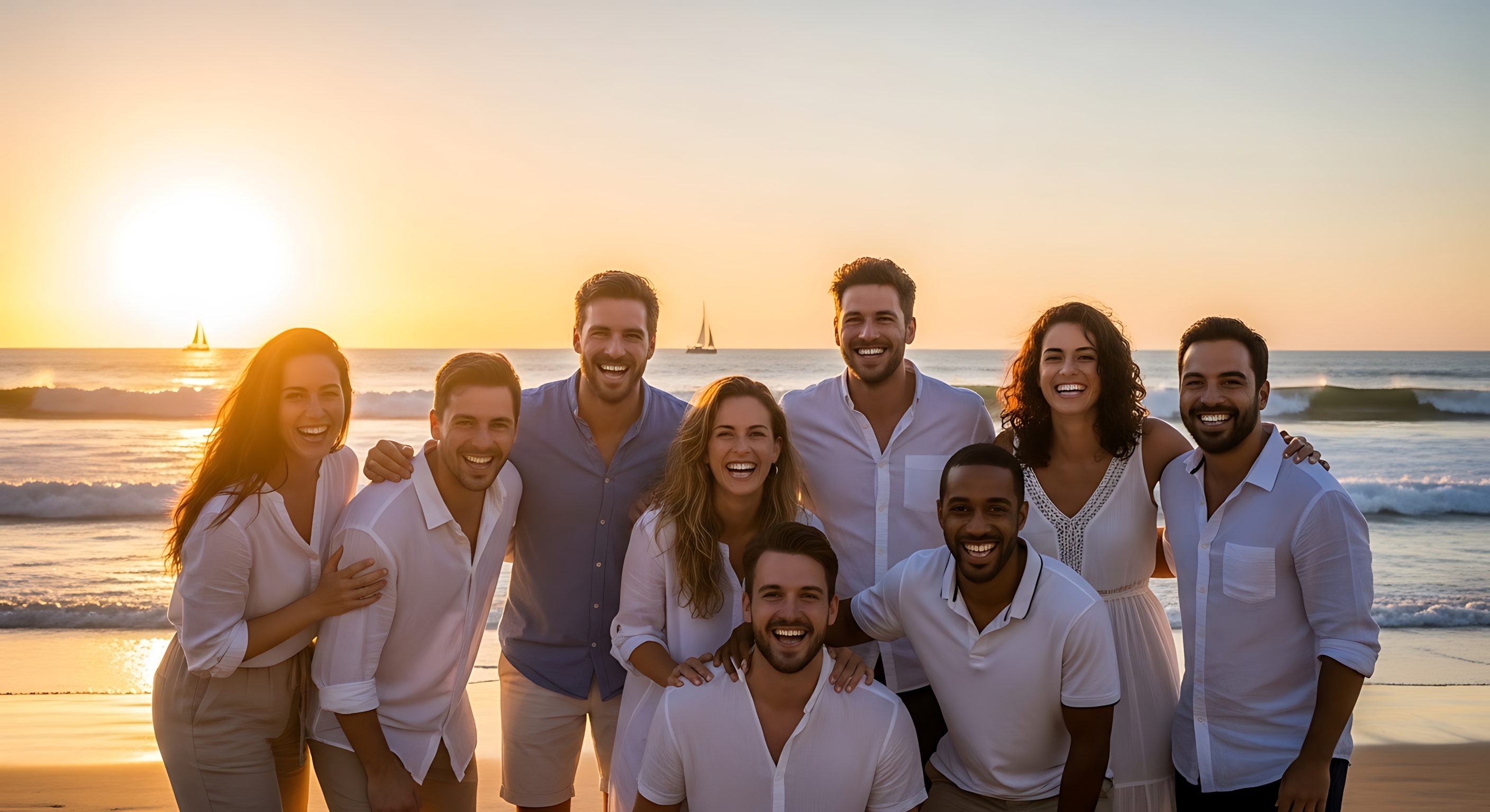 Personas felices en la playa al atardecer